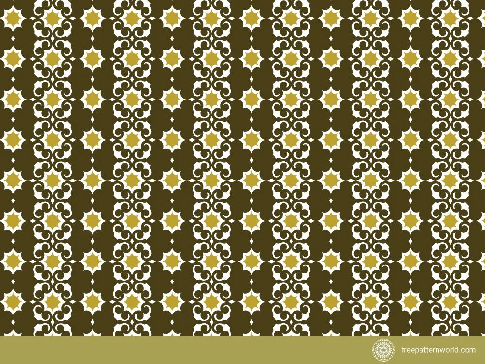 Ornate seamless pattern with repeating gold stars and white abstract floral or scroll motifs on a dark brown background.
