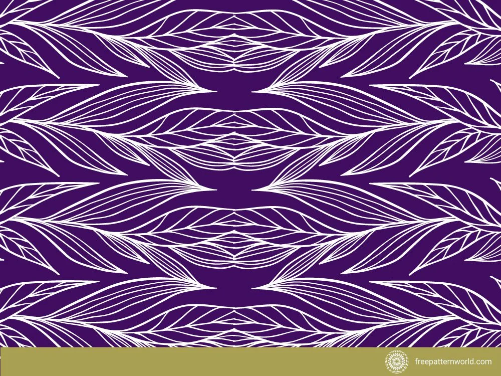 Abstract seamless pattern with flowing white organic lines resembling leaves or feathers on a deep purple background, creating a serene and natural texture.