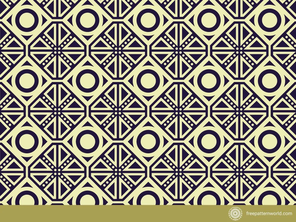 Geometric seamless pattern with dark indigo squares and circles on a cream background, featuring intricate dot and triangle details.