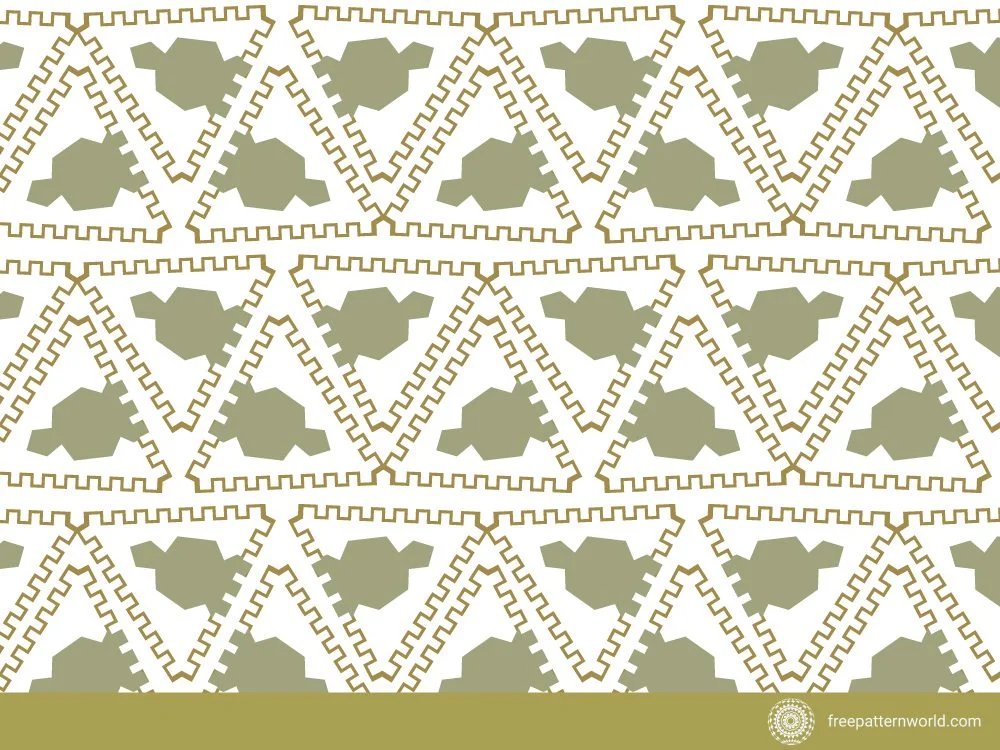 Tribal seamless pattern with repeating large olive green triangles and intricate small brown geometric outlines on a white background, creating an ethnic or Aztec-inspired design.