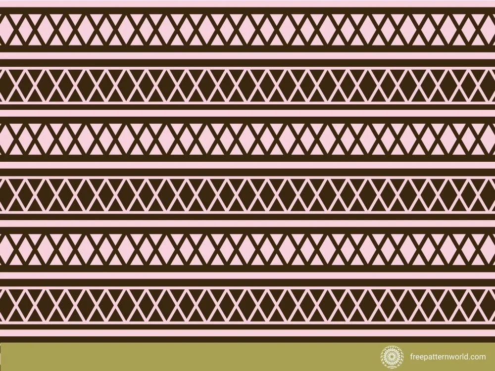 Seamless Symmetrical Pattern horizontal tribal pattern with rows of brown outlined diamonds and solid lines on a light pink background.