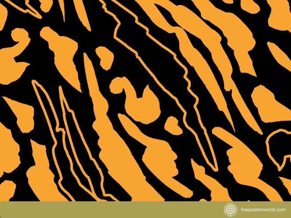 Seamless abstract pattern resembling tiger or animal print with bold orange stripes and squiggly lines on a black background.