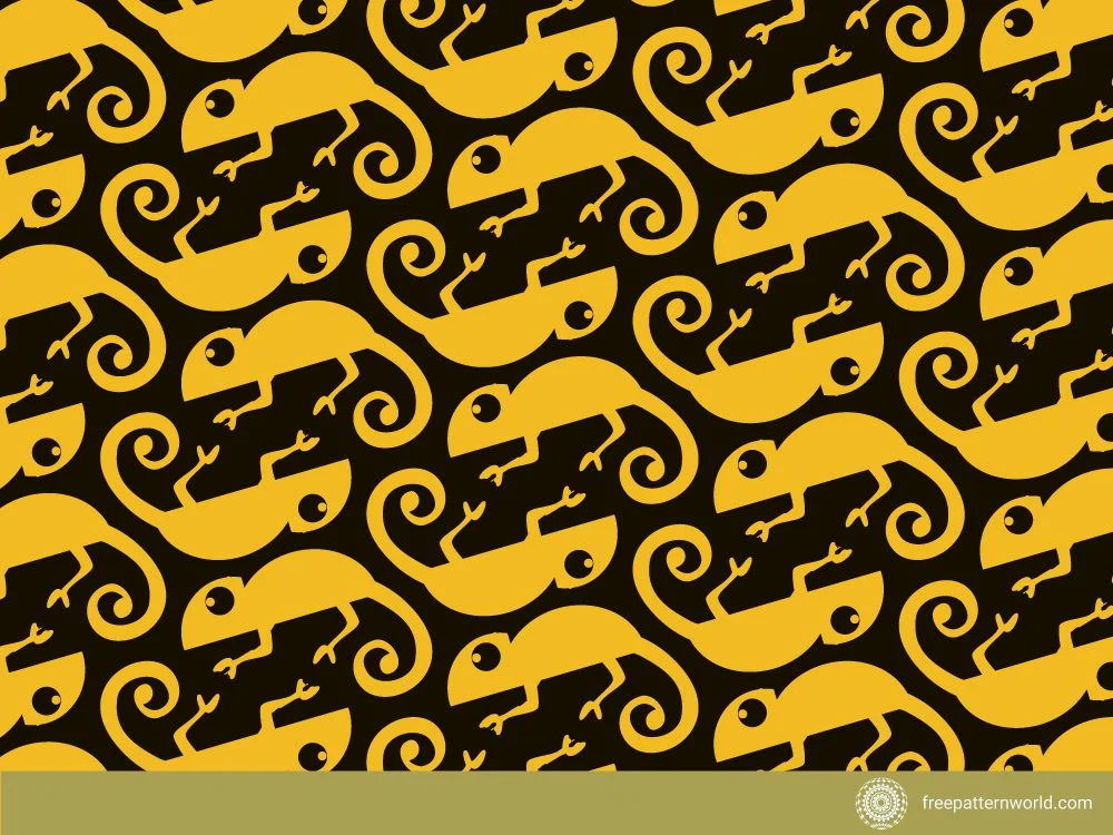 Seamless pattern of stylized yellow chameleons with swirling tails on a black background.