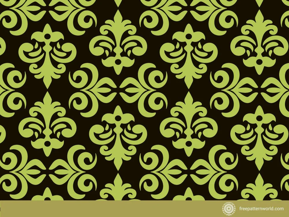 Lime Green Damask Pattern on Dark Brown Background