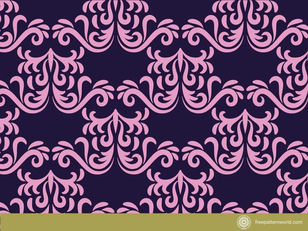 Seamless classic damask pattern with ornate pink floral and swirling motifs on a dark blue background.