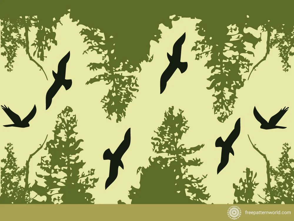 Seamless Nature Pattern of black flying bird silhouettes against a light green sky with darker green abstract trees and foliage at the top and bottom.