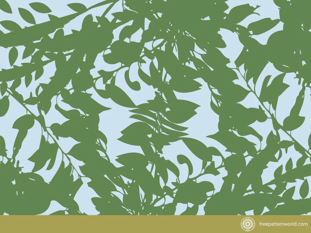 Seamless pattern of dark green leaf and branch silhouettes creating a dense canopy effect on a light blue background.