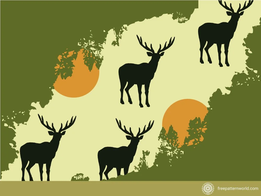 Pattern of black deer silhouettes with antlers on a light green background with abstract dark green and orange shapes resembling forest and sunset.