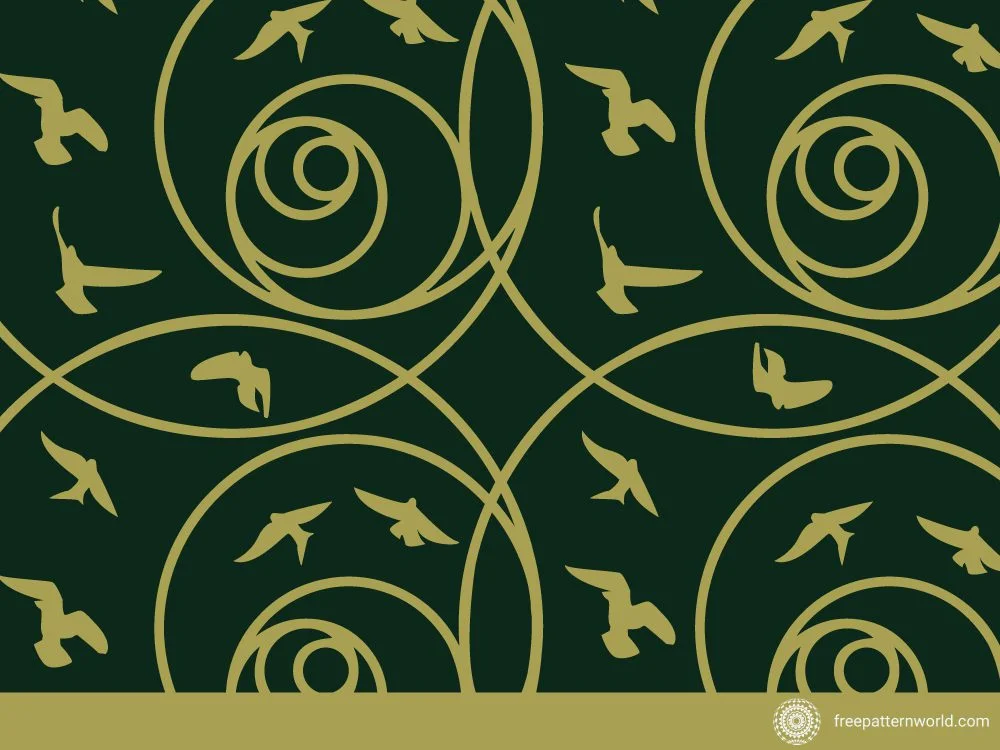 Seamless pattern with golden flying bird silhouettes and swirling lines on a dark green background.