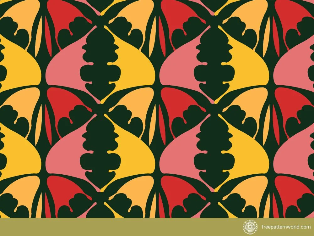 Seamless abstract pattern with colorful organic shapes resembling butterfly wings or leaves in shades of yellow, orange, red, and pink on a dark green background.