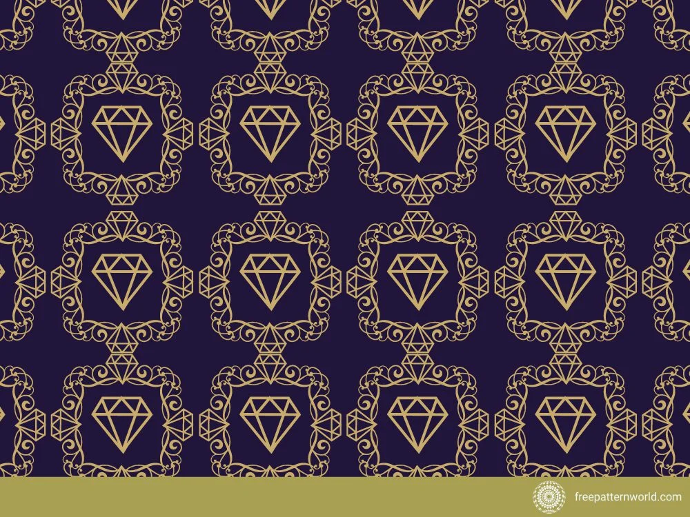 Ornamental Pattern with Golden Diamonds in Ornate Frames on Navy Background