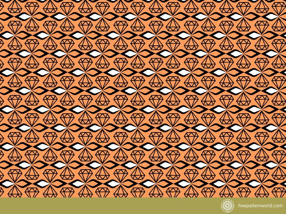 Ornamental Pattern with Geometric Diamonds and Waves on Orange