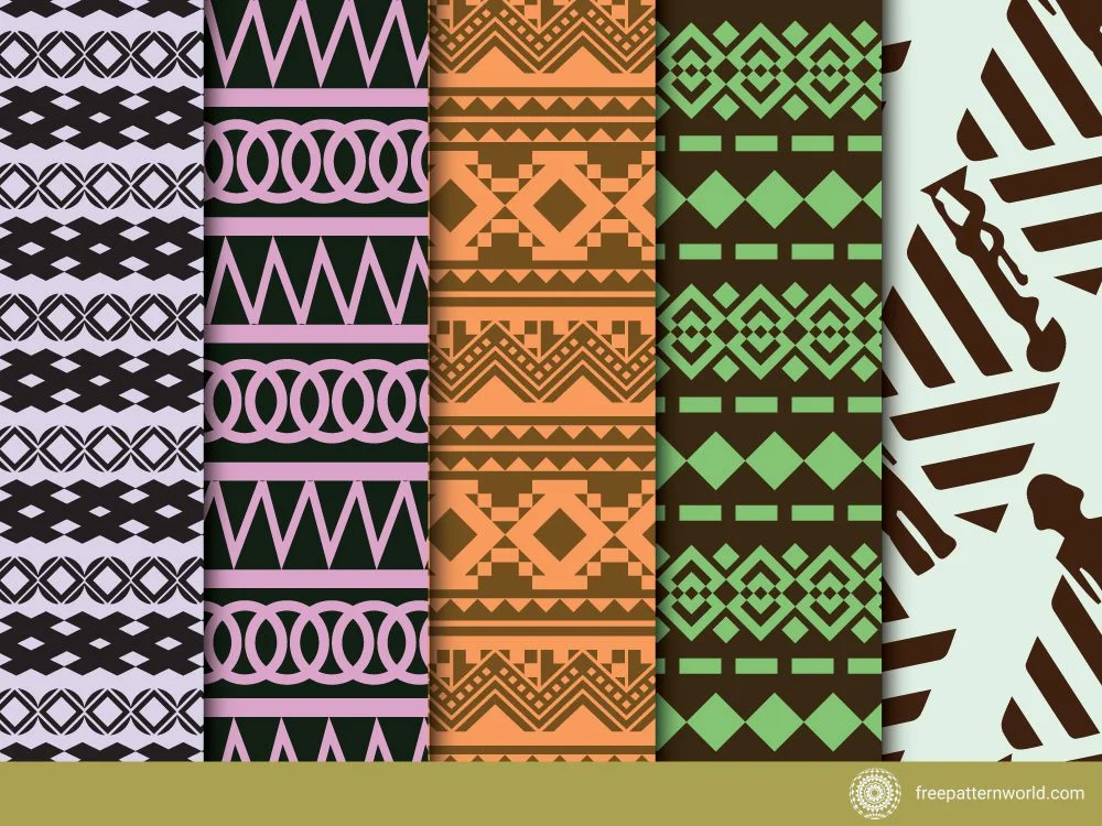 Five vertical Tribal Patterns swatches including black and lime green abstract designs, light pink and black bee and swirl patterns, and yellow and white honeycomb with bee patterns.