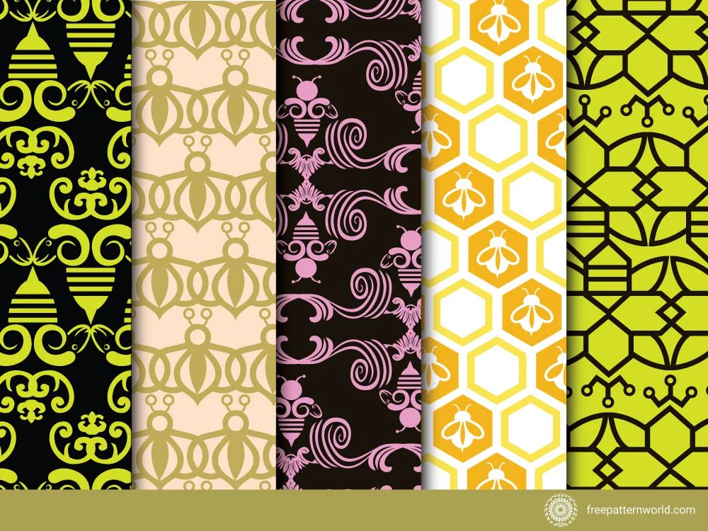 Five vertical patterned swatches featuring black and lime green abstract designs, light pink and black bee and swirl patterns, and yellow and white honeycomb with bee patterns.