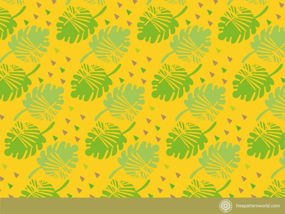 Seamless tropical pattern featuring bright green and light green monstera leaves scattered across a vibrant yellow background, with small scattered dark green and brown triangles.