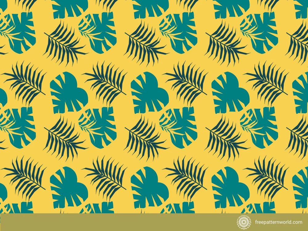 Seamless tropical pattern featuring dark teal monstera leaves and dark blue-green palm fronds scattered on a vibrant yellow background.