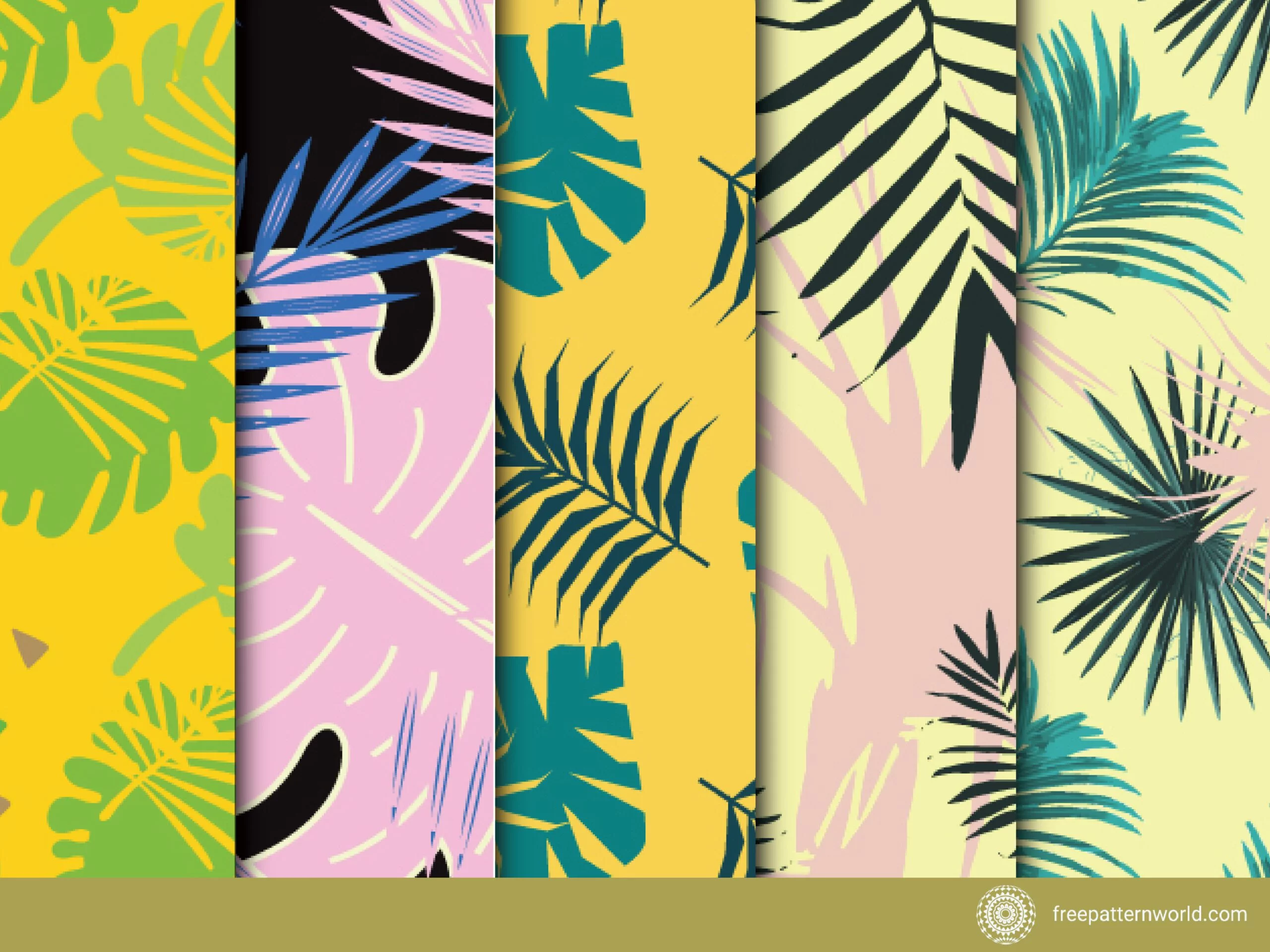 Five seamless tropical patterns: green leaves on yellow, pink monstera and blue palm on black, dark teal and green leaves on yellow, black palm fronds with pink abstract shapes on pale yellow, and a mix of green and black palm leaves on light yellow.