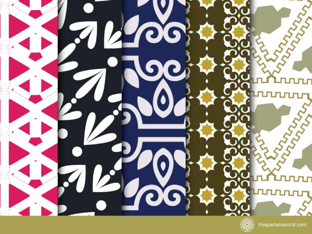 Five vertical patterned swatches featuring geometric, floral, and ornamental designs in red and white, black and white, navy and white, olive green and gold, and muted green and white.