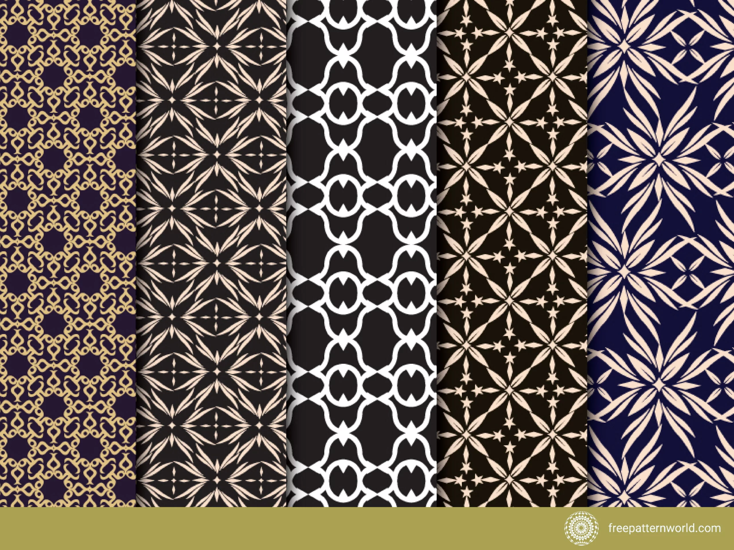 Five seamless geometric patterns: black and white checkerboard, teal and white diamonds with chevron lines, black and white sunbursts, black and white abstract half-circles, and black and white abstract leaf shapes.