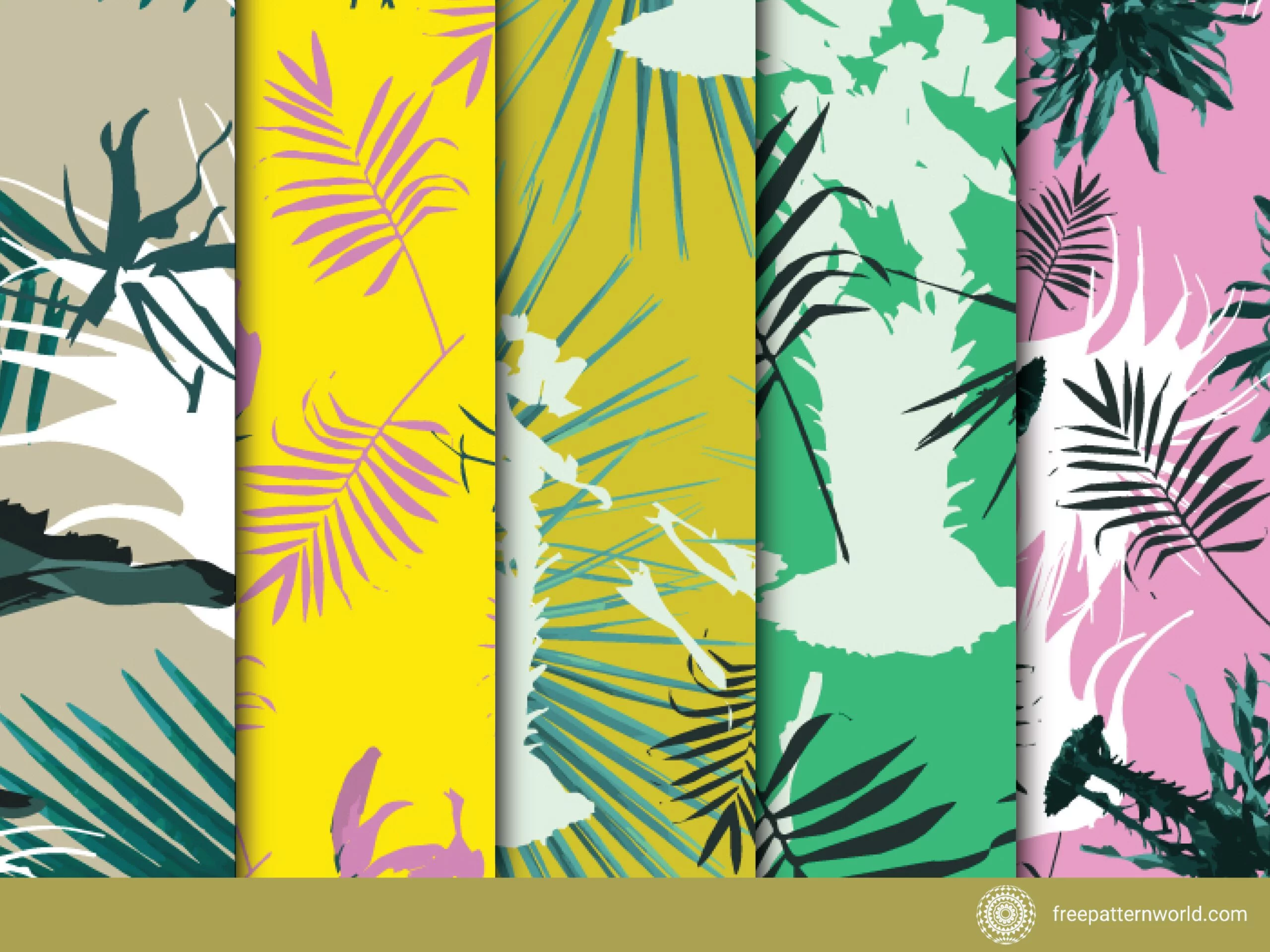 Five seamless tropical patterns in bold color combinations: a muted beige with teal and dark green leaves and white abstract shapes, bright yellow with pink palm fronds and abstract elements, a yellow-green with dark blue and white tropical leaves, a bright green with white and dark green foliage, and a vibrant pink with dark green and black tropical leaves.
