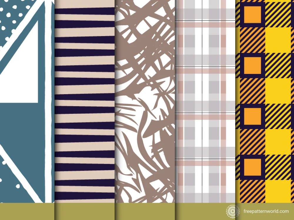 Five vertical pattern swatches including geometric, striped, abstract, and two plaid designs in shades of blue, white, brown, beige, yellow, and black.