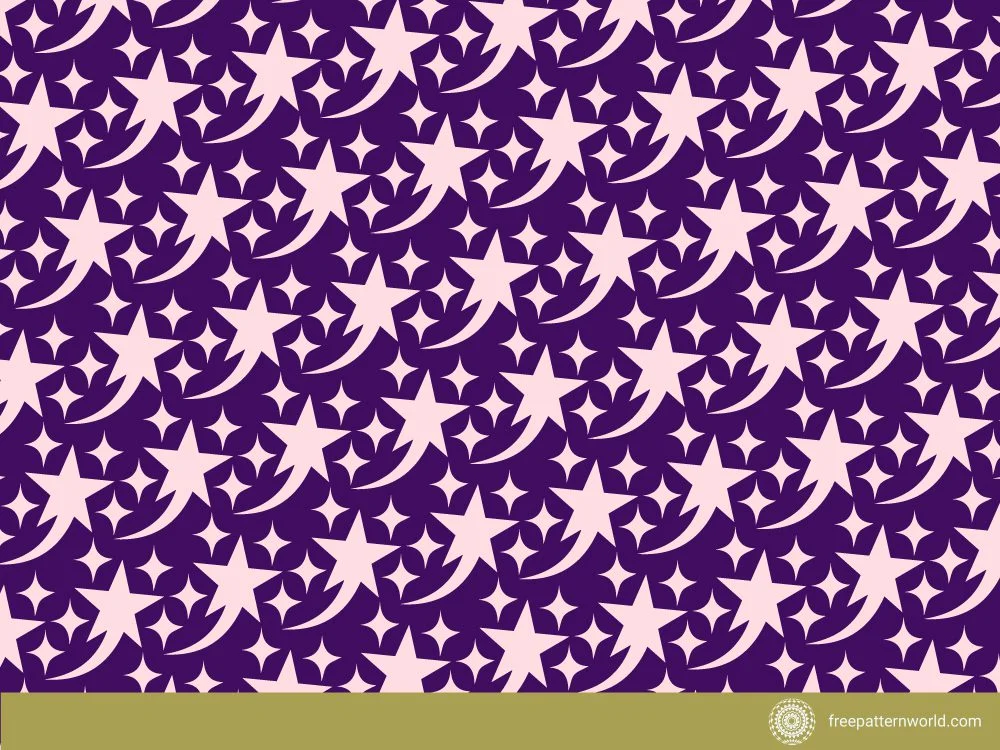Seamless pattern of light pink stars with curved trails on a deep purple background, creating a whimsical celestial design.