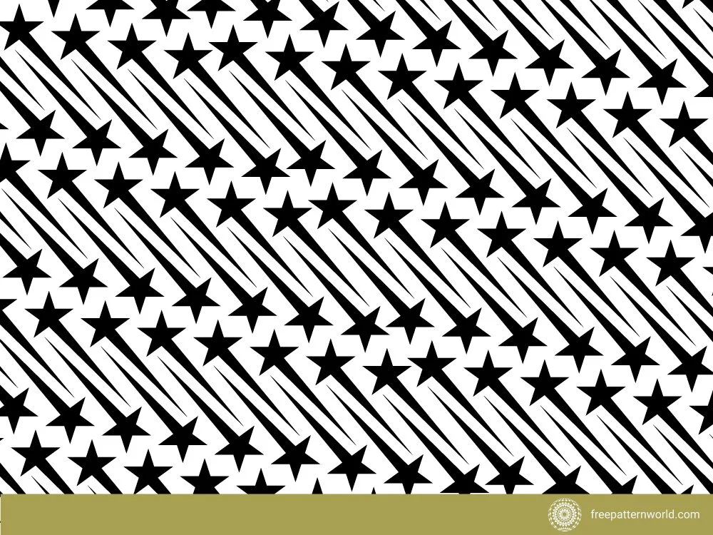 Seamless black and white pattern of diagonal shooting stars, with black stars leaving long, tapering black trails on a white background.