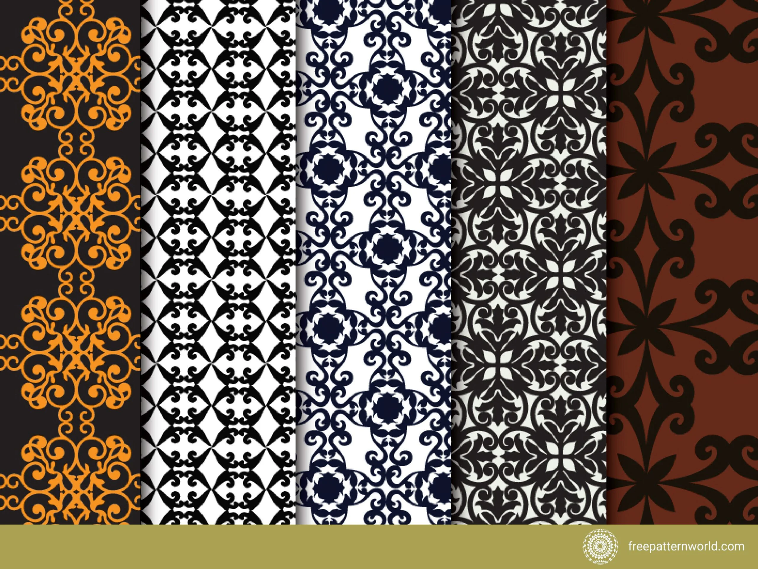 Five seamless ornamental patterns: a gold swirling pattern on dark grey, a black and white geometric lattice with curves, a dark blue ornate floral grid on white, a dark brown and beige intricate damask, and a deep reddish-brown with dark brown abstract floral motifs.
