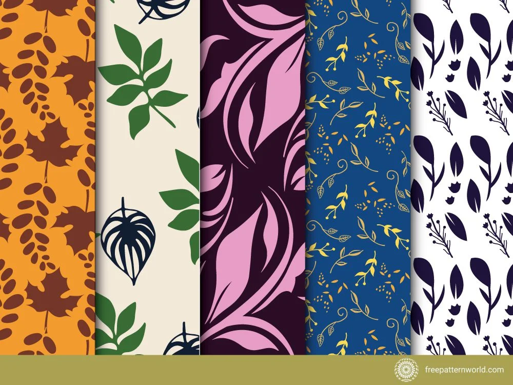 Five seamless botanical patterns: an autumn leaf pattern in orange and brown, green and dark blue tropical leaves on beige, abstract pink leaves on dark purple, golden leaves on blue, and dark purple monochrome leaves on white.