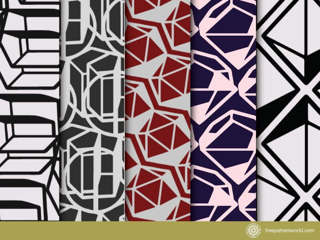 Five seamless geometric patterns: black outline cubes on light grey, white interlocking shapes on dark grey, maroon and light grey polygons, light pink diamond outlines on deep purple, and black outlined diamonds with internal triangles on light grey.