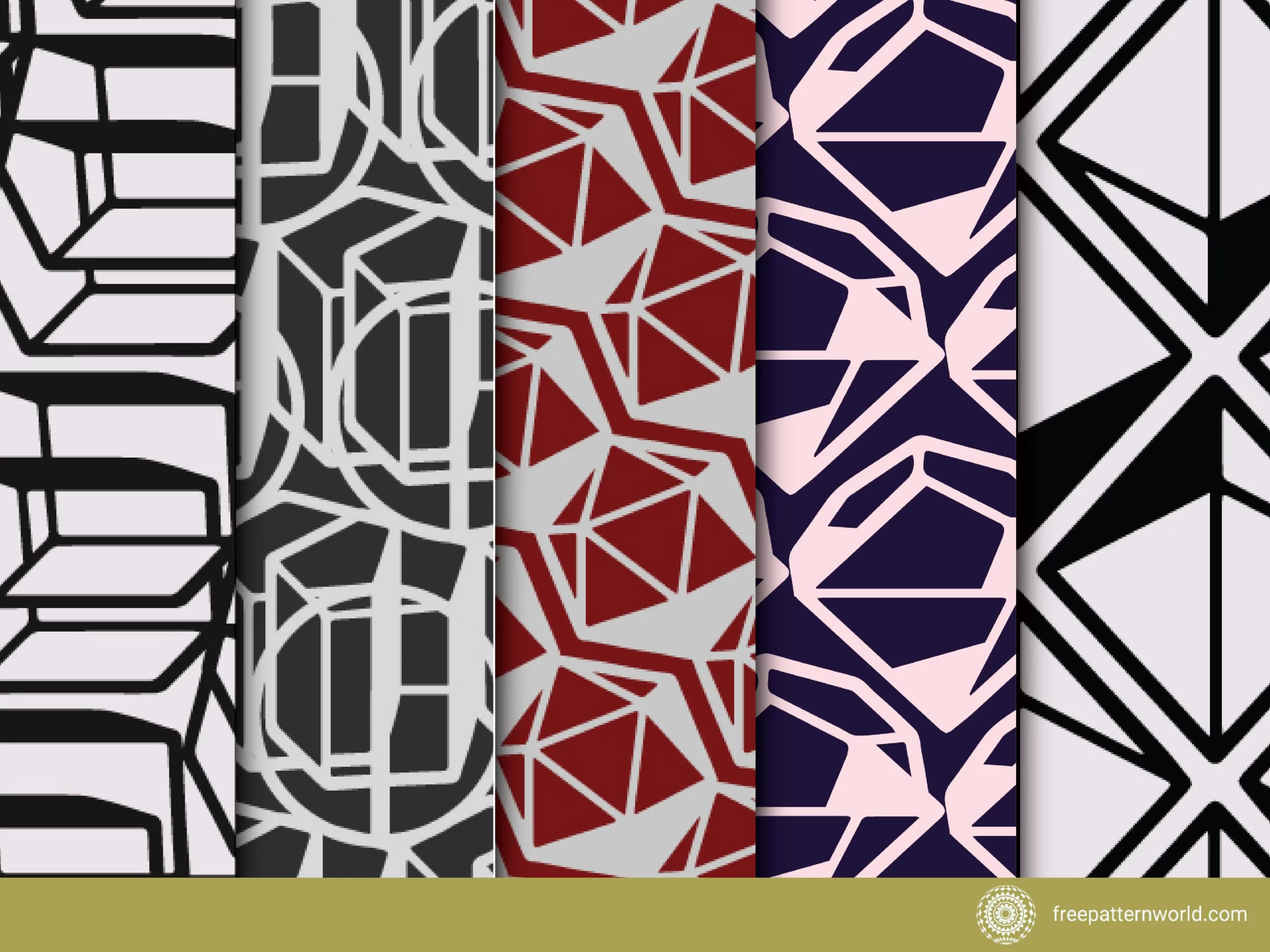 Five seamless geometric patterns: black outline cubes on light grey, white interlocking shapes on dark grey, maroon and light grey polygons, light pink diamond outlines on deep purple, and black outlined diamonds with internal triangles on light grey.