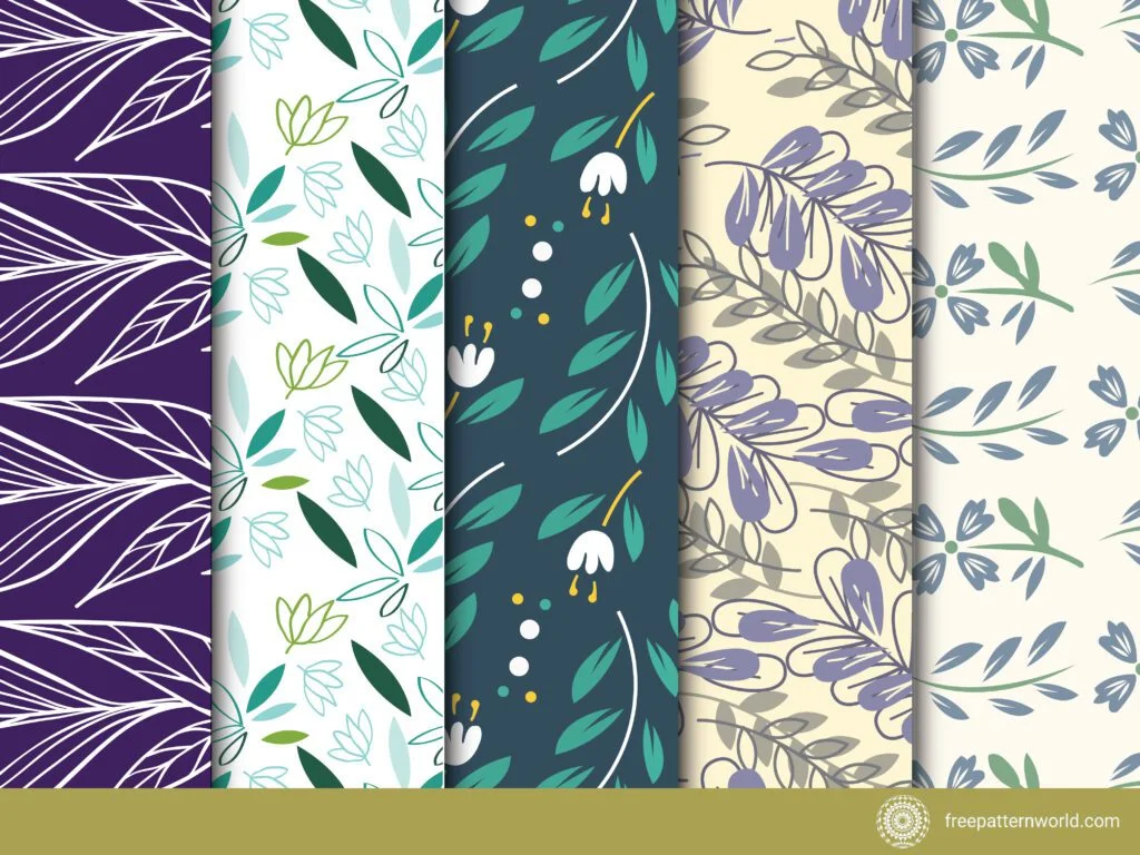 Five seamless botanical patterns: white outlined leaves on purple, green and teal outlined leaves on white, dark teal with white bells and green leaves, muted purple and grey leaves on cream, and blue-green flowers and leaves on cream.