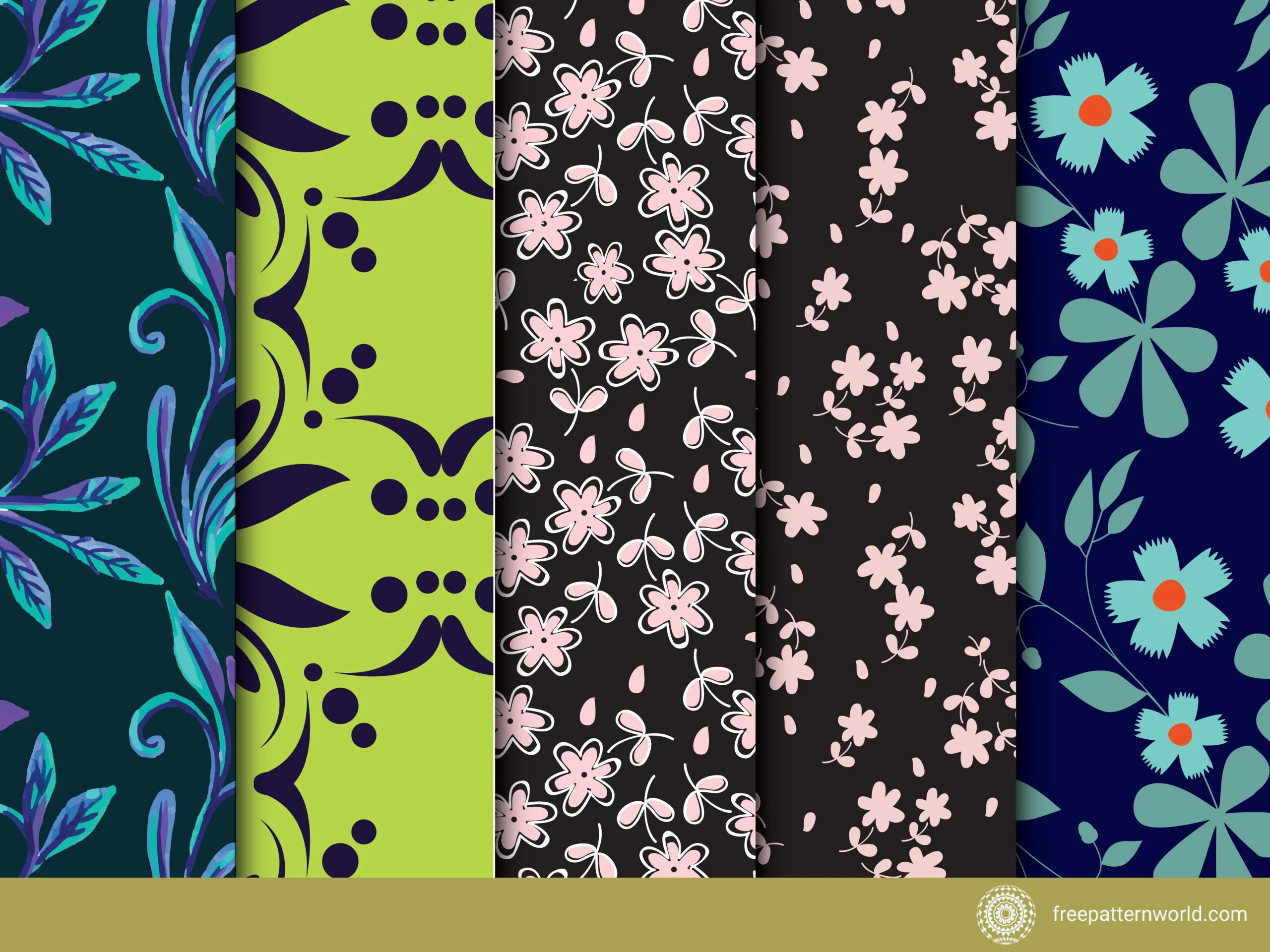Five seamless floral and botanical patterns: a dark green pattern with purple and teal leaves, a lime green pattern with dark purple abstract shapes, two black patterns with pink flowers (one outlined, one solid), and a dark blue pattern with light blue and green flowers.