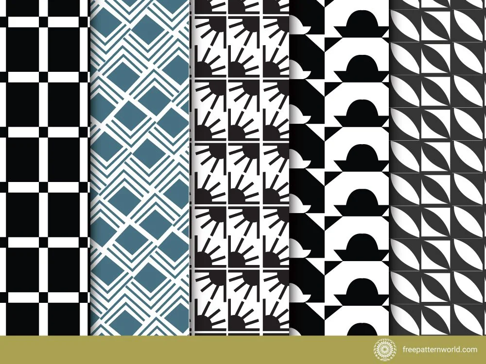 Five seamless Zentangle patterns, including black and white squares, teal and white diamonds with chevrons, black and white sunbursts, black and white half-circles, and black and white abstract leaves.