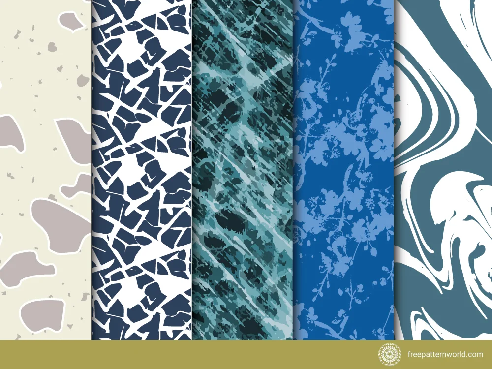 Five seamless abstract patterns including terrazzo, mosaic, distressed, floral, and marble designs in shades of blue, green, and beige.