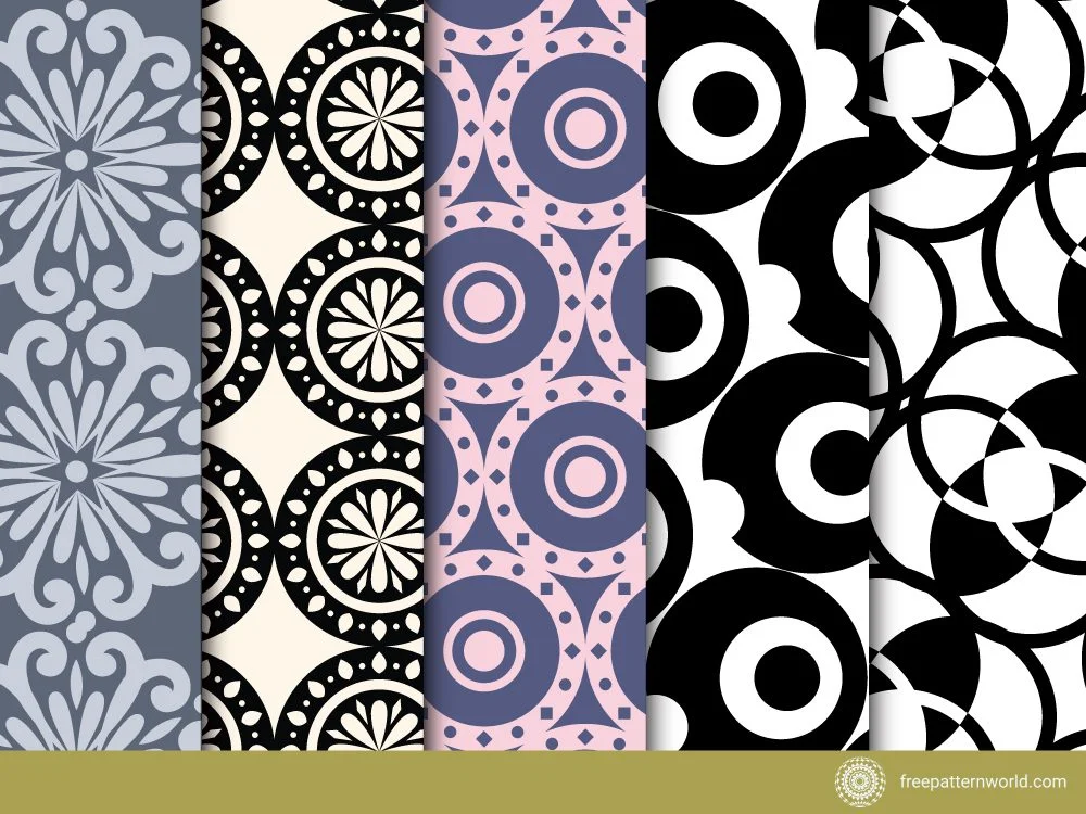 Collection of five distinct seamless geometric and decorative patterns: a grey floral medallion on dark grey-blue, black and white ornate circles, purple and pink abstract circles, bold black and white concentric circles, and a black and white optical illusion with interlocking circles.