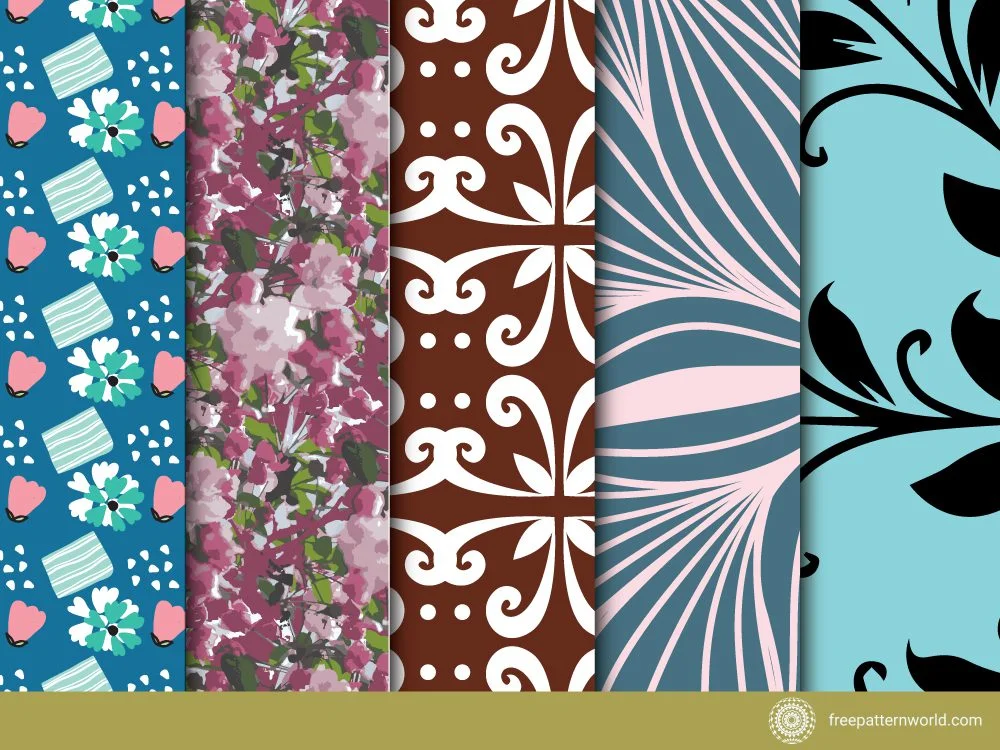 Collection of five distinct seamless patterns: a whimsical blue background with pink hearts, flowers and stripes; a dense pink and green floral print; a brown pattern with white ornate swirls; a sophisticated pink and blue abstract linear design; and a light blue background with black floral scrolls.
