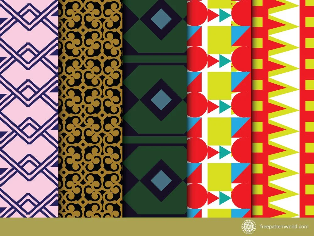 Collection of five distinct seamless geometric and decorative patterns, including dark blue lines on pink, gold on black floral, dark green and blue diamonds, bright red, yellow, and blue shapes, and red, yellow, and white triangles.