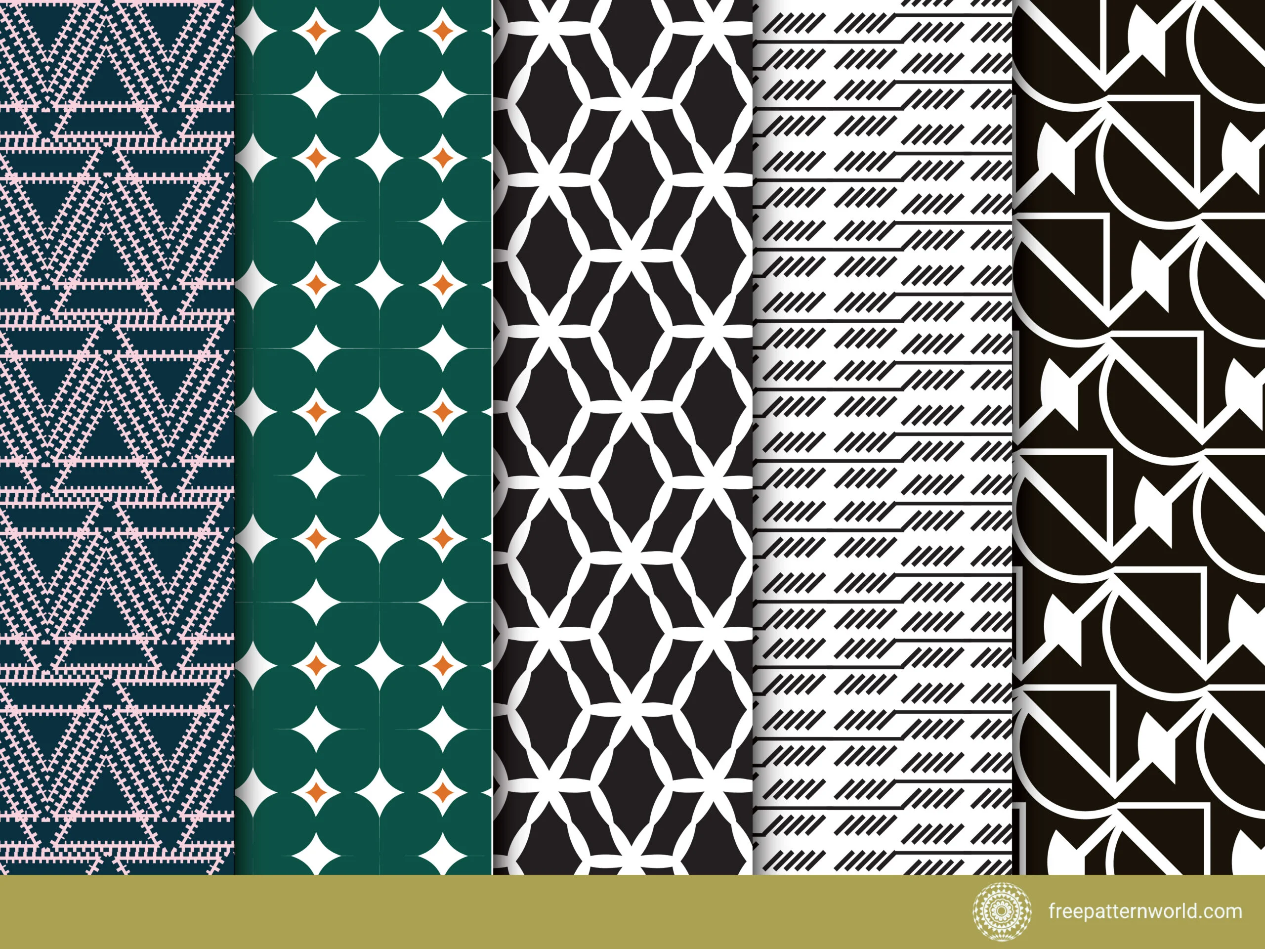 Five seamless textile patterns: a pink and white dotted triangle pattern on dark blue, green and white circles with orange dots, black and white interlocking hexagons, black and white dashed lines and stripes, and black and white abstract half-circle shapes.