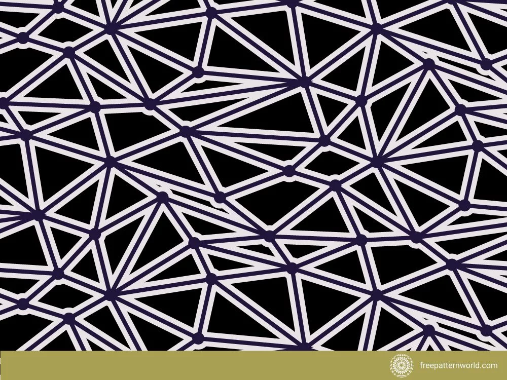 Seamless geometric network pattern with white lines and purple nodes on a black background.