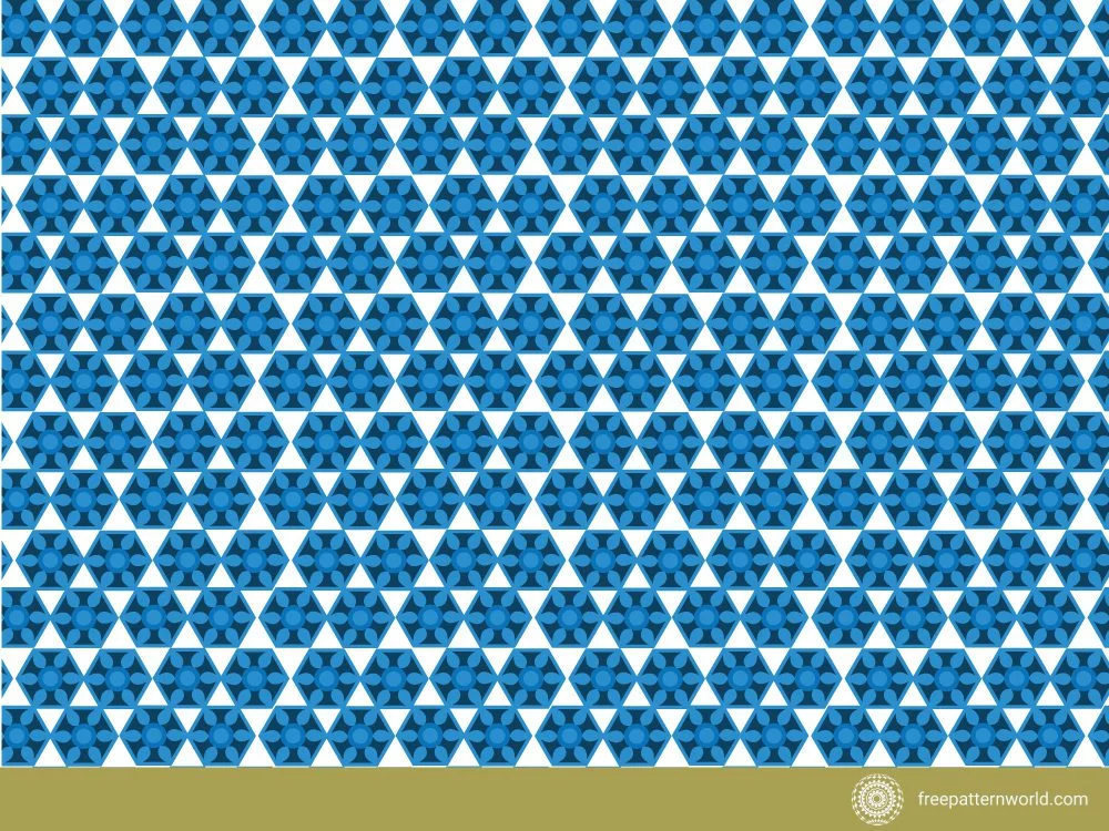 Seamless blue and white geometric pattern with repeating hexagonal and triangular shapes creating a floral-like mosaic.