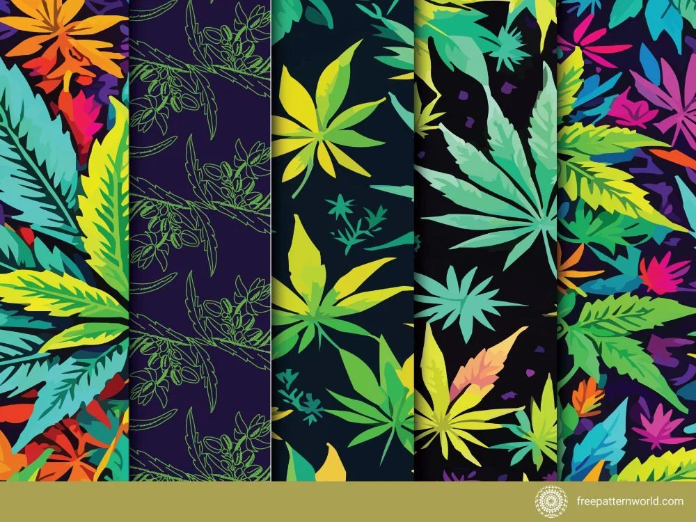 A collage of five distinct seamless cannabis leaf patterns, including colorful tropical style leaves, lime green outlines on dark purple, bright neon leaves on black, and a vibrant multi-colored abstract design.