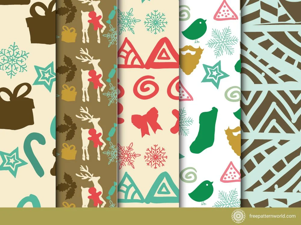 Collection of five distinct seamless Christmas patterns: a brown and teal gift-themed pattern, a brown and red reindeer pattern, a beige and red geometric holiday pattern, a white and green whimsical Christmas elements pattern, and a light blue and brown abstract pattern.