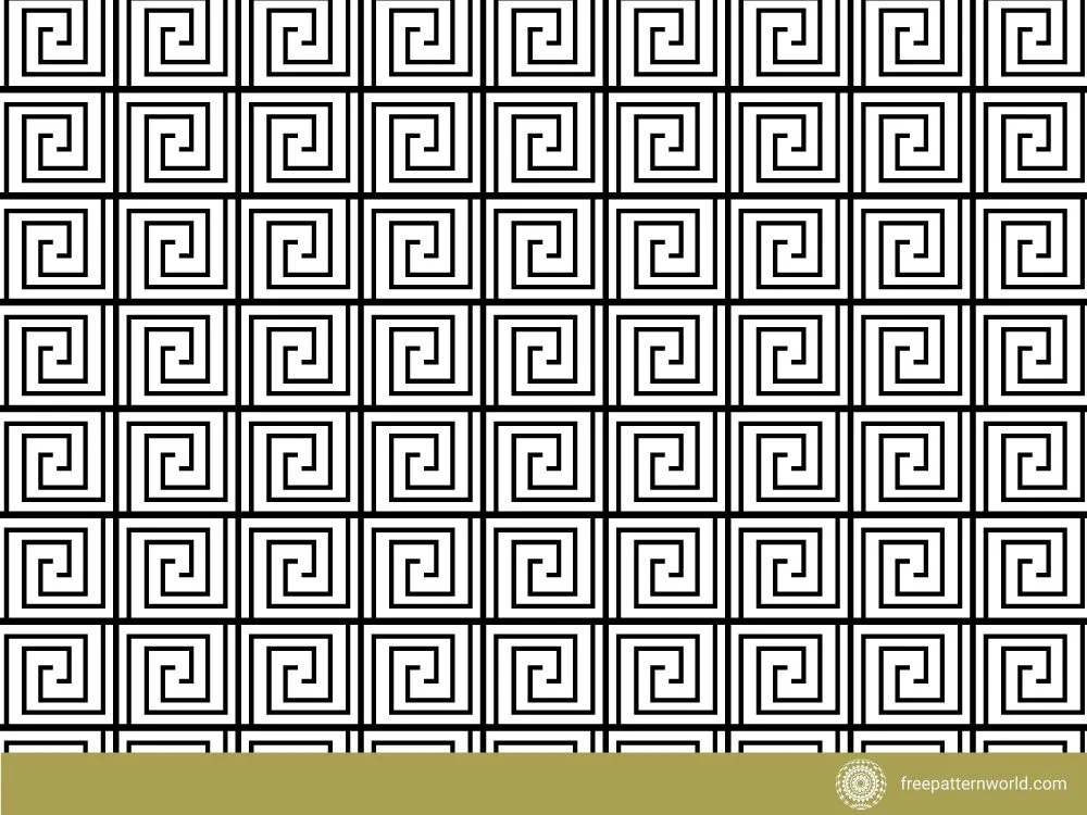 Black and white repeating square spiral fret pattern, Greek key style