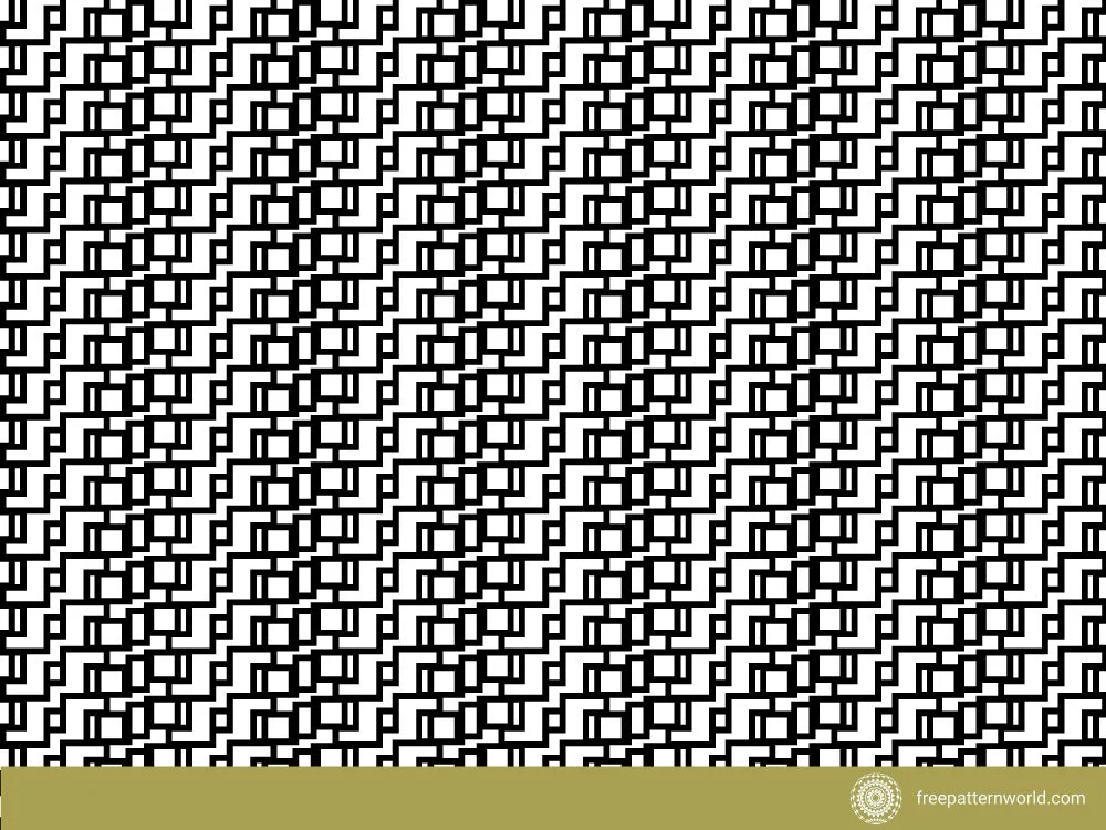 Black and white diagonal geometric fret pattern with repeating stair-step shapes