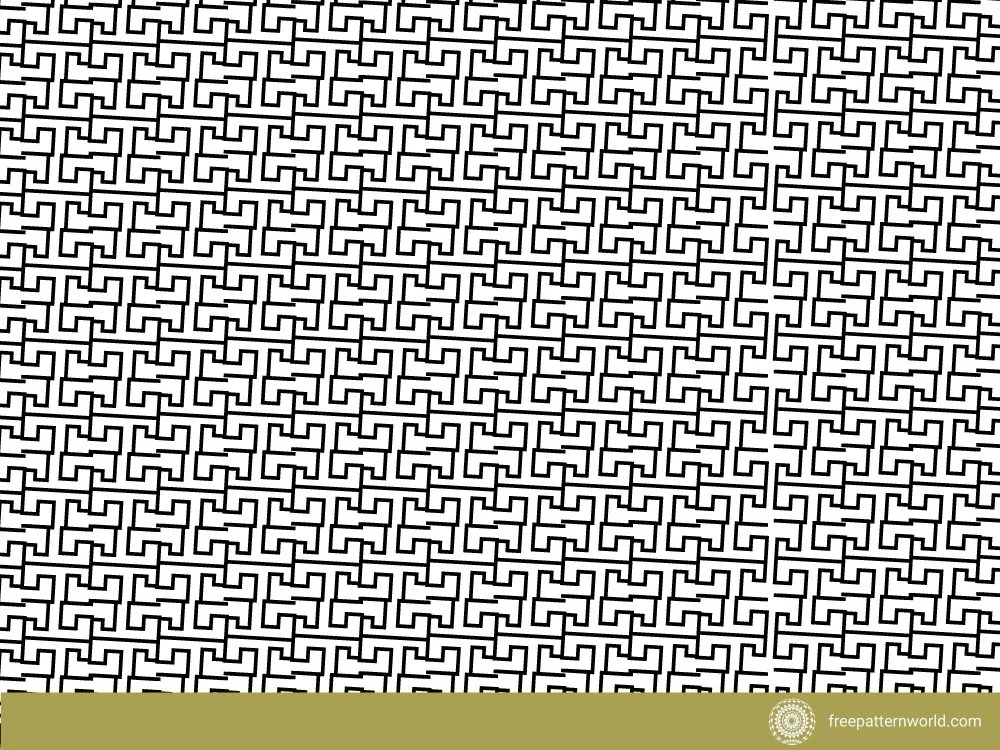 Black and white interlocking geometric fret pattern with maze-like lines