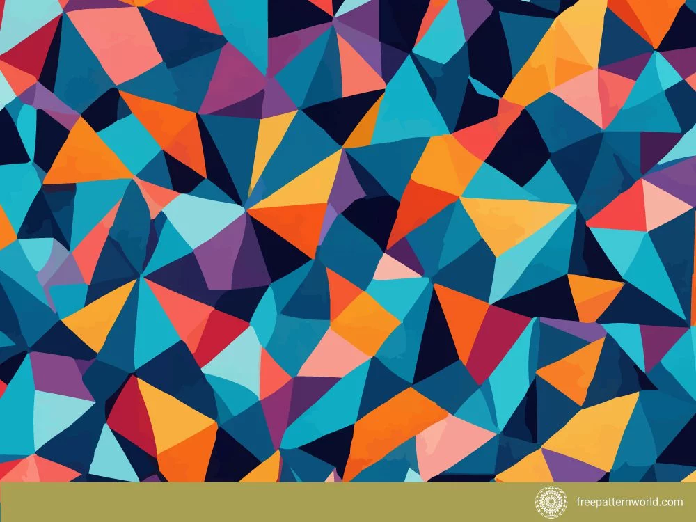 Seamless pattern Symmetrical Pattern  composed of interlocking geometric triangles and polygons in a vibrant and varied color palette including shades of blue, orange, pink, purple, and dark navy, creating a faceted or crystalline appearance.
