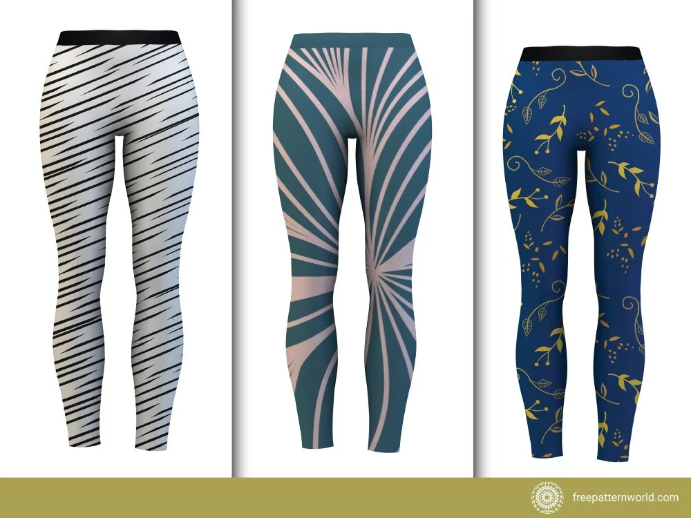 Three women's legging mockups displaying different seamless patterns: black diagonal stripes on white, abstract teal and pink radial lines, and golden foliage on a royal blue background.