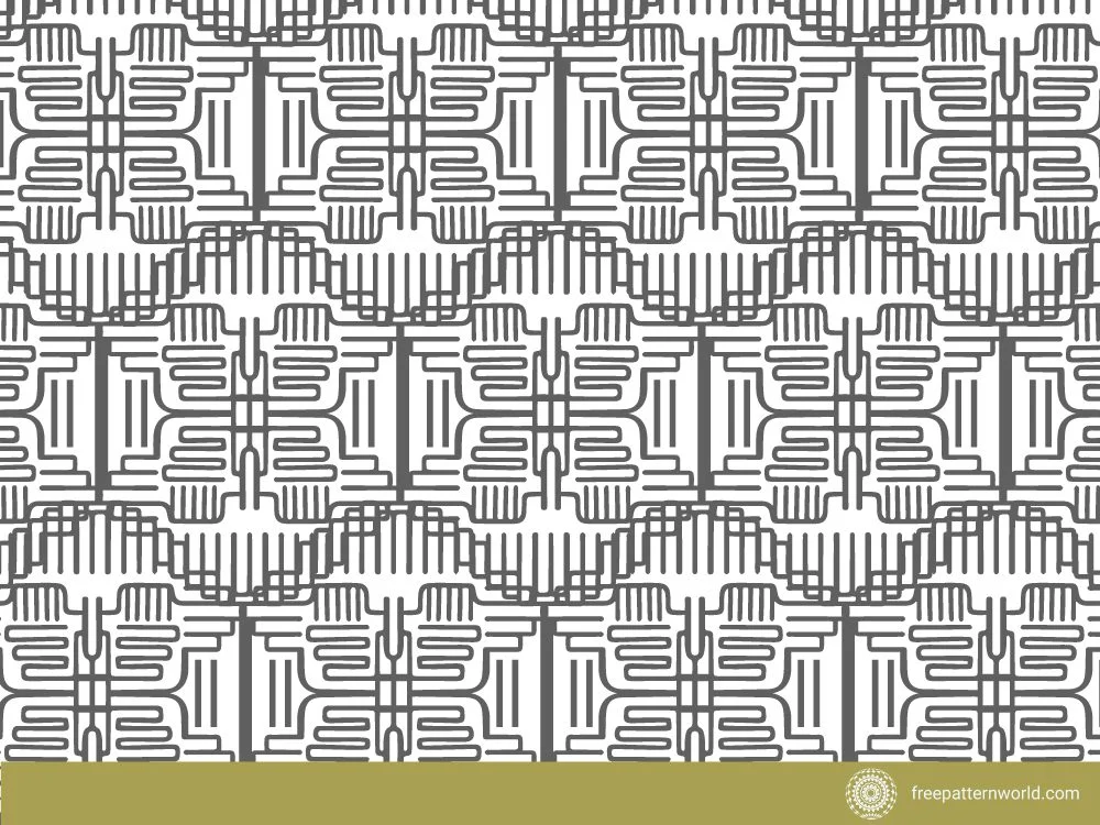 White and grey geometric pattern with intricate, interlocking Mayan-inspired shapes