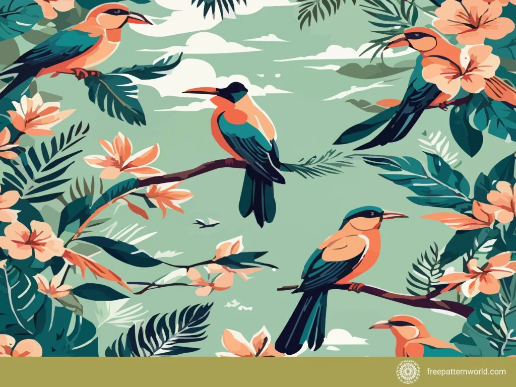 Tropical birds on branches with peach flowers and lush green leaves, a vibrant seamless pattern.